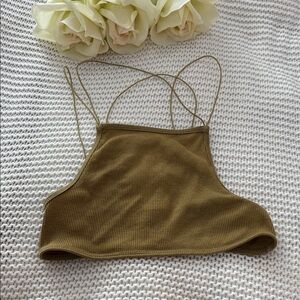 Urban Outfitters Olive Green Ribbed Halter Crop Top with Double Straps